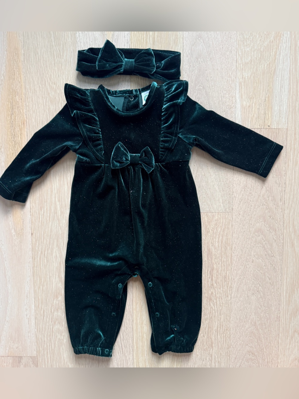 Little Me Holiday Sparkly Velvet Green Romper w/ Bow Headband - size 9M NWOT